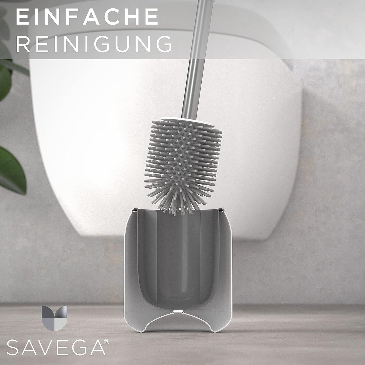 SAVEGA,L'original,Brosse de toilette avec support pour montage mural sans  perçage,Brosse WC innovante en silicone,gris,rond