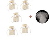 Zakjes Beige met strikje parel, hartje -5 stuks 9x13 cm doorzichtig Cellofaan zakjes 8x11 cm- Trekkoord Tassen- Uitdeelzakjes huwelijks bedankje - Snoepzakjes - Uitdeelzakjes Bruiloft -Sieradenzakje- Cadeautasjes| Tasjes voor Geur zeepjes