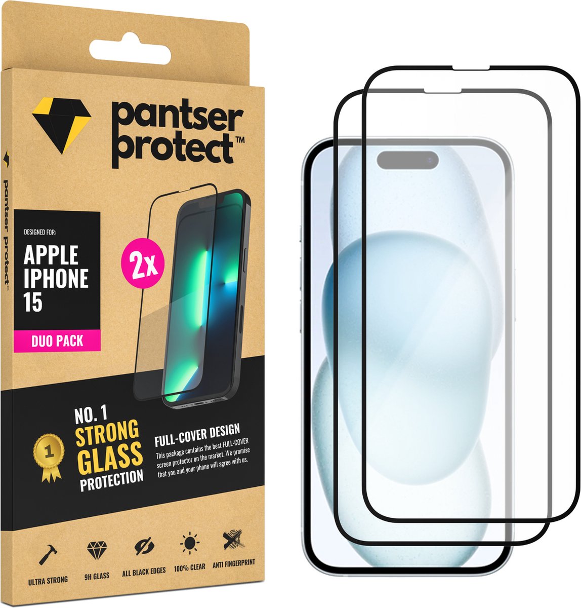 DUO-PACK - 2x Pantser Protect™ Glass Screenprotector Geschikt voor iPhone 15 - Case Friendly - Premium Pantserglas - Glazen Screen Protector