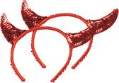 Halloween diadeem - 2x - duivel hoorntjes met pailletten - rood - kunststof
