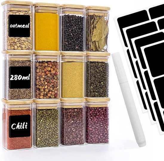 Deco Haus® Kruidenpotten Vierkant Luchtdicht 36-Delige Set [incl. Etiketten & Strooier] - Glazen Kruidenpotjes Set - Kruidencontainers Spice Jars - Kruidenopslag - Containers voor Kruiden