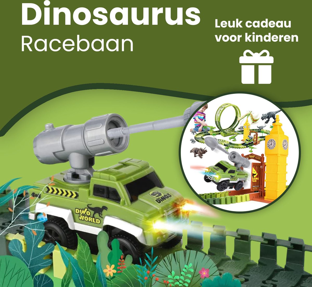 Nince Dinosaurus Speelgoed Autoracebaan - Flexibele Racebaan Speelgoed Auto - 10 Dinosaurus Figuren — afbeelding 3