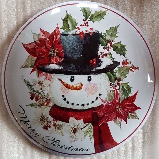 Merry Chrismas Snowman. Metalen wandbord Ø40 cm gebold. Kerstmis