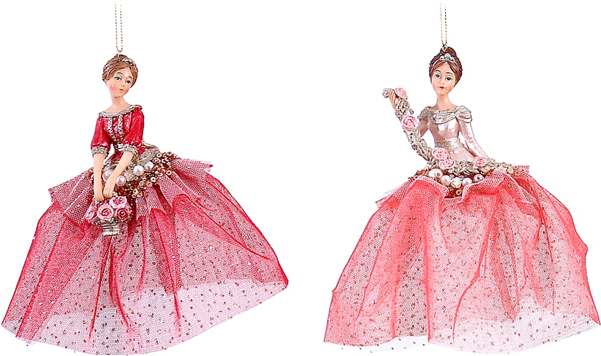 Viv! Christmas Kerstornament - Ballerina's met Bloemen - set van 2 - roze - 16cm