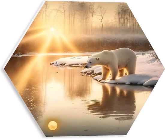 PVC Schuimplaat Hexagon - IJsbeer bij Beekje in Sneeuw Landschap met Zonsondergang - 30x26.1 cm Foto op Hexagon (Met Ophangsysteem)