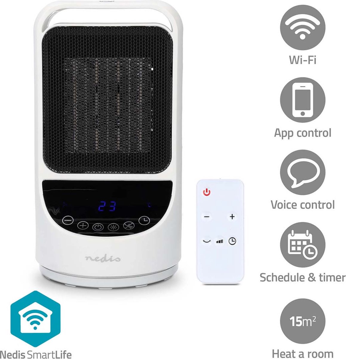 Nedis SmartLife keramische PTC-ventilatorkachel - Wi-Fi - 1500 W - 2 Warmte Standen - Zwenkfunctie - Display - 10 - 49 °C - Android / IOS