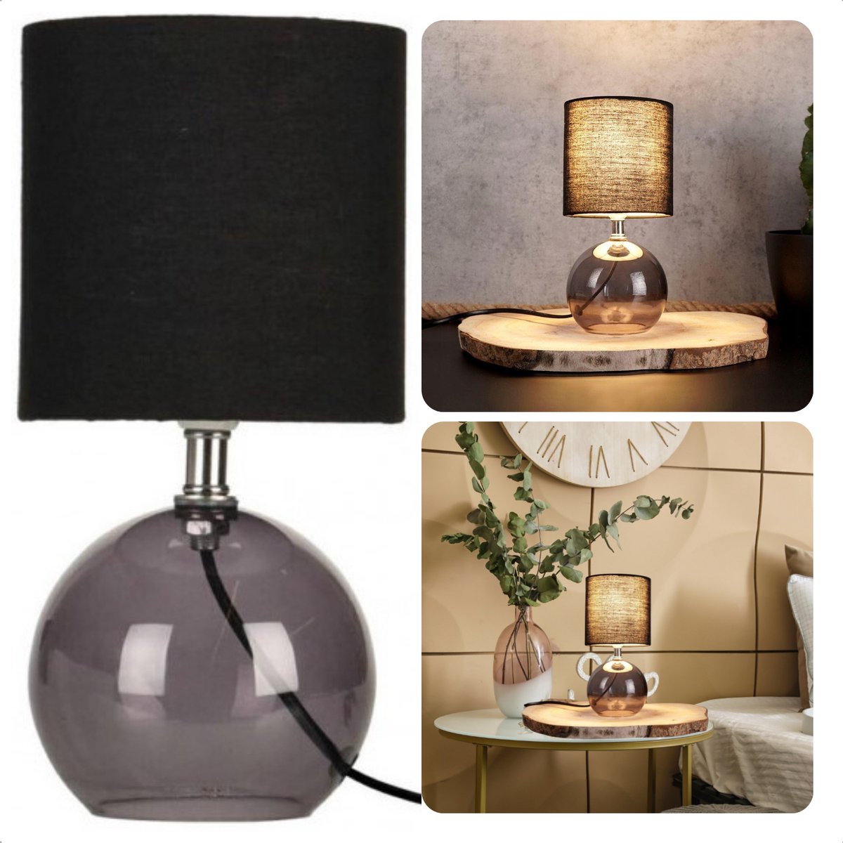 Cheqo® Tafellamp met Zwarte Lampenkap - 24cm - Zwart - Glazen Basis - Nachtkastje Lamp - Aan/Uit-Schakelaar - 150cm Snoer - E14