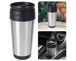 Reisbeker - Koffiebeker To Go - Thermosbeker - Theebeker - 450ML - RVS - Ø8xh18,5cm - Zilver & Zwart - Auto Drinkbeker - Voor On the Go!