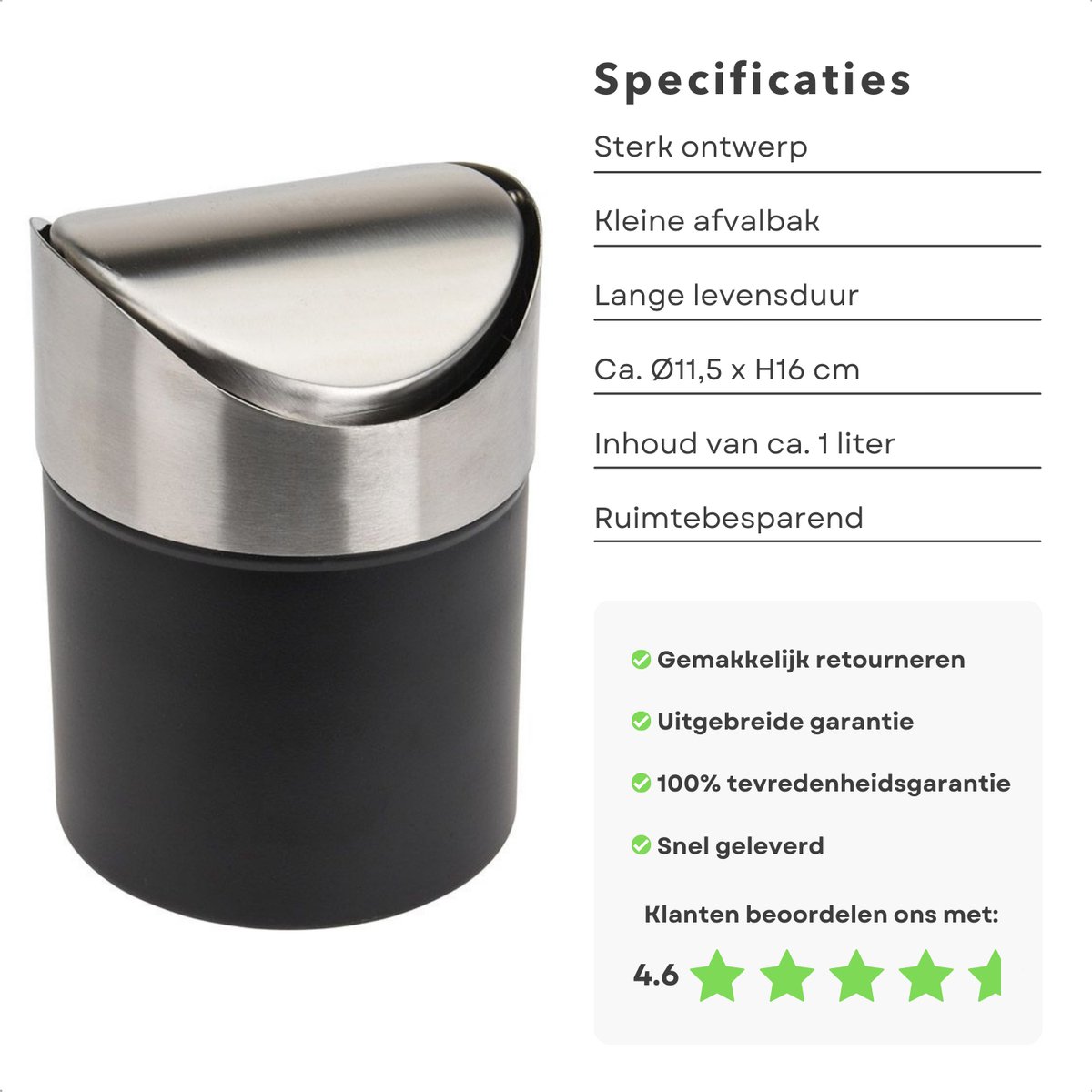 Ksikdeg Kleine Countertop Prullenbak RVS 1.5L - Met Of Zonder Swing Deksel, Aanrecht Afvalbak Voor Bureau En Keuken