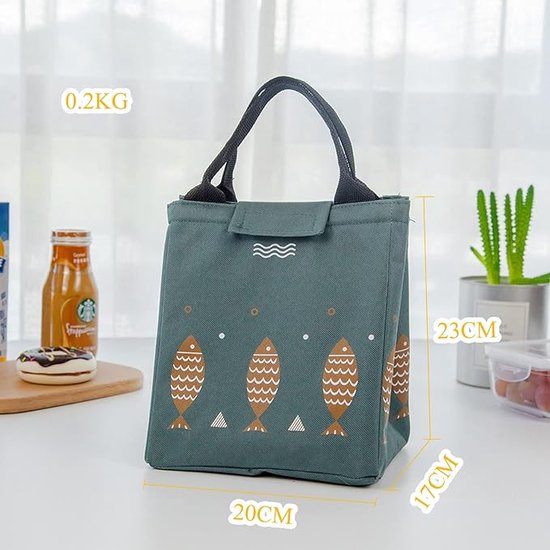 Lunchbag met isolatie - Groene lunchbag met vissen - Koeltas van Oxford stof voor lunch en broodtrommel. van Bacilona — afbeelding 2