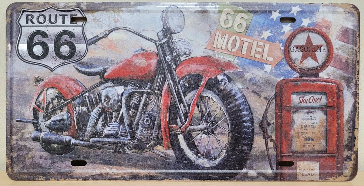 Route 66 motor motel benzinepomp License plate wandbord van metaal METALEN-WANDBORD - MUURPLAAT - VINTAGE - RETRO - HORECA- BORD-WANDDECORATIE -TEKSTBORD - DECORATIEBORD - RECLAMEPLAAT - WANDPLAAT - NOSTALGIE -CAFE- BAR -MANCAVE- KROEG- MAN CAVE