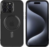 Hoesje Geschikt voor iPhone 15 Pro met magnetisch ring - Lens beschermer – backcover – Transparant / Zwart