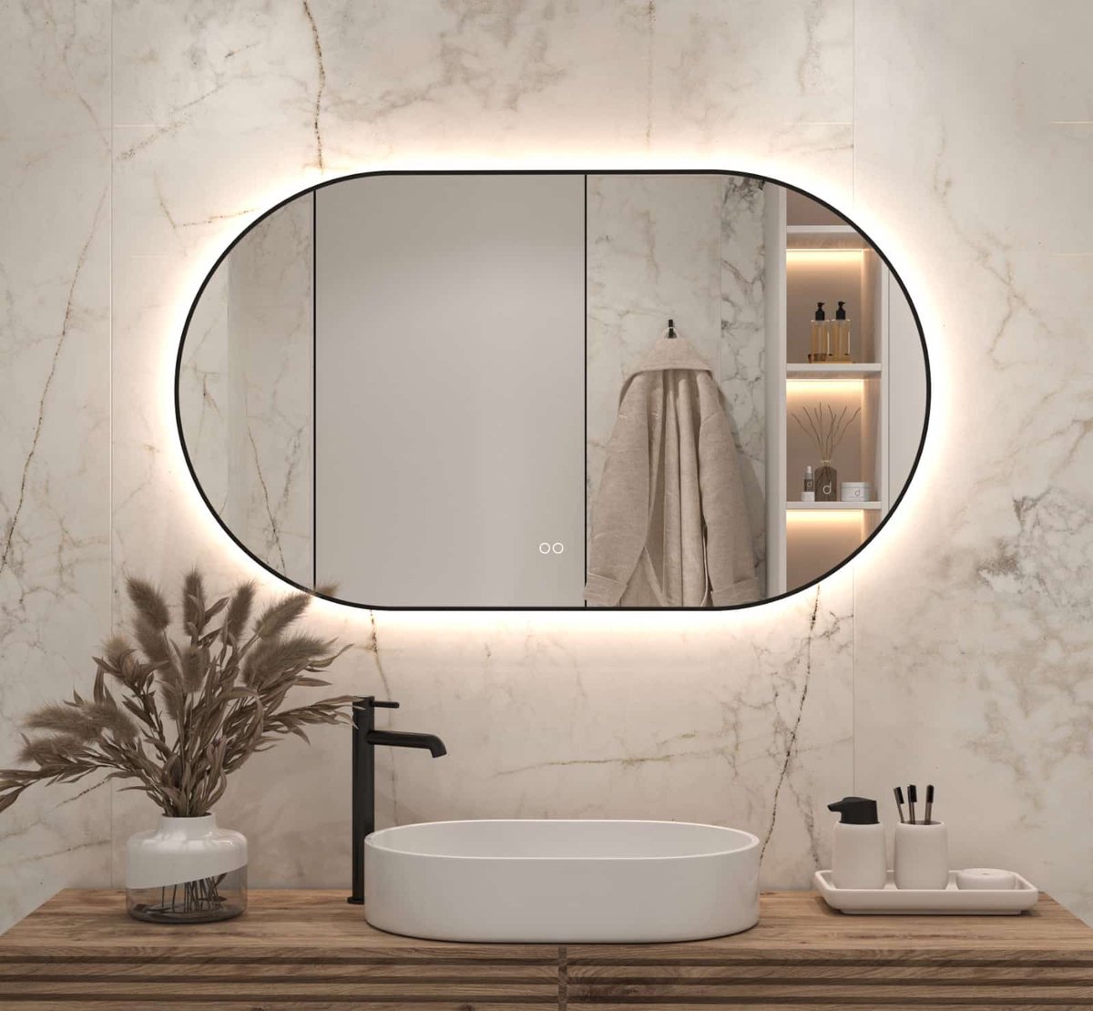 Ovale badkamerspiegel met indirecte verlichting, verwarming, touch sensor, kleurenwissel en mat zwart frame 120×70 cm