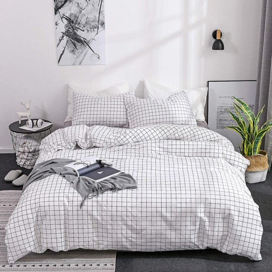 Omkeerbare Zwart-wit Geruite Dekbedovertrek Set Met 2 Kussenslopen King Size 220x240cm