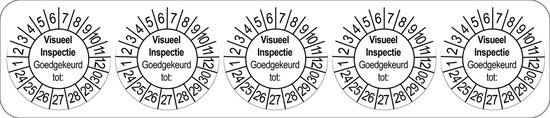 Foto: 50 keuringsstickers visueel inspectie goedgekeurd tot rond 35 mm strips van 5 stuks