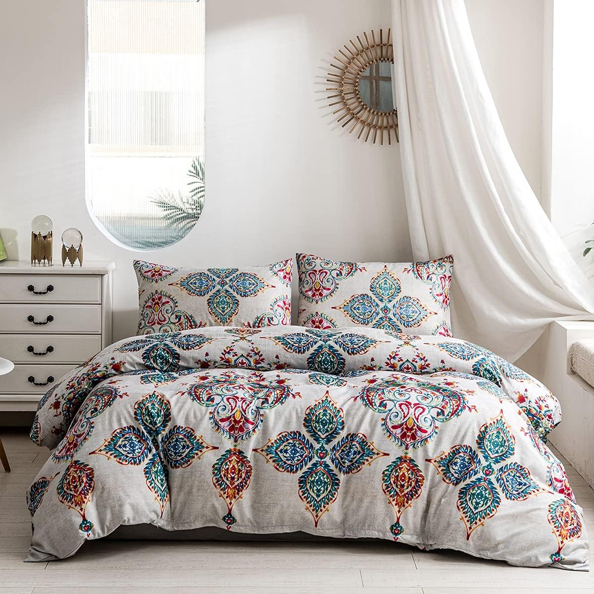Boho beddengoed, 135 x 200 cm, 4-delig, turquoise, Indiase mandala, Boheemse dekbedovertrekset, zachte microvezel dekbedovertrek met verborgen ritssluiting en 2 kussenslopen 80 x 80 cm