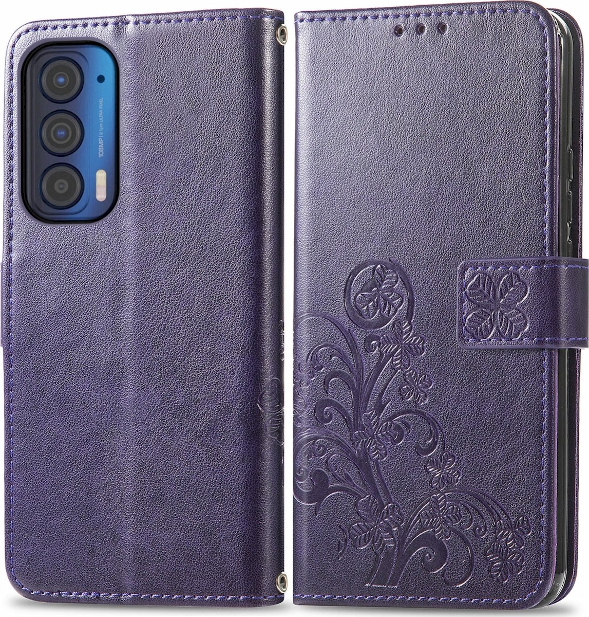 Mobigear Telefoonhoesje geschikt voor Motorola Edge (2021) Hoesje | Mobigear Clover Bookcase Portemonnee | Pasjeshouder voor 3 Pasjes | Telefoonhoesje voor Pinpas / OV Kaart / Rijbewijs - Paars