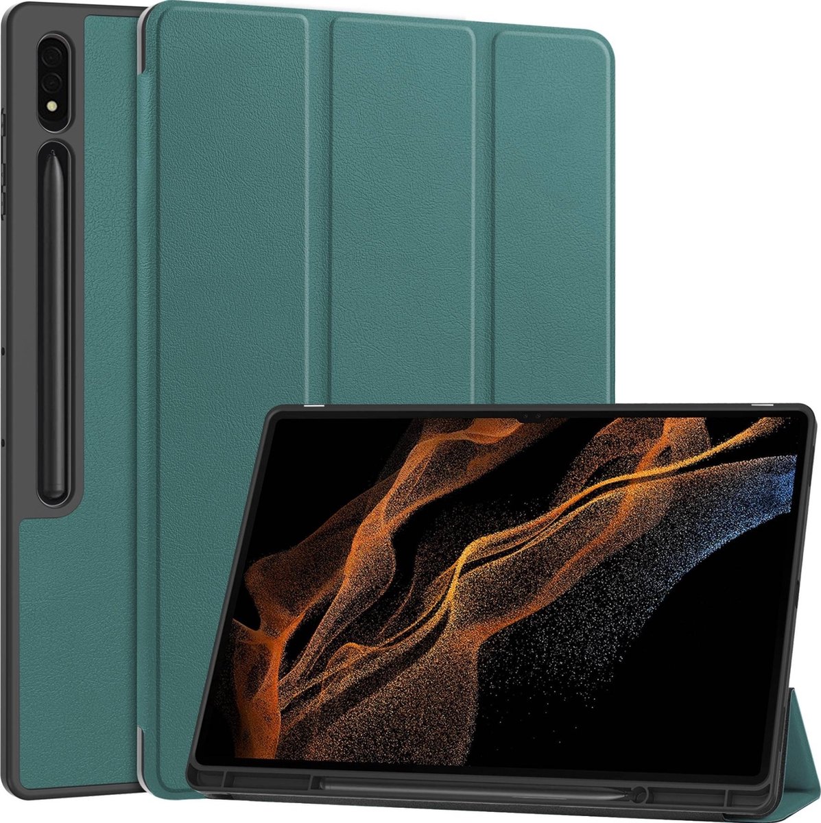 Mobigear Tablethoes geschikt voor Samsung Galaxy Tab S9 Ultra Hoes | Mobigear Tri-Fold Gel Bookcase + Stylus Houder - Groen