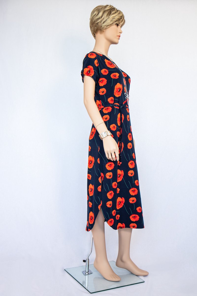 Rode papaverbloemen op donkerblauwe jurk met rug bandjes - L/40