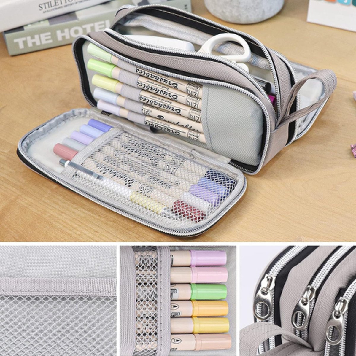 Fyore Lederen etui eenvoudige pennenzak pennenzak met metalen ritszak formaat kantoor organizer voor meisjes jongens student college middelbare school, Zwart, Slank leer