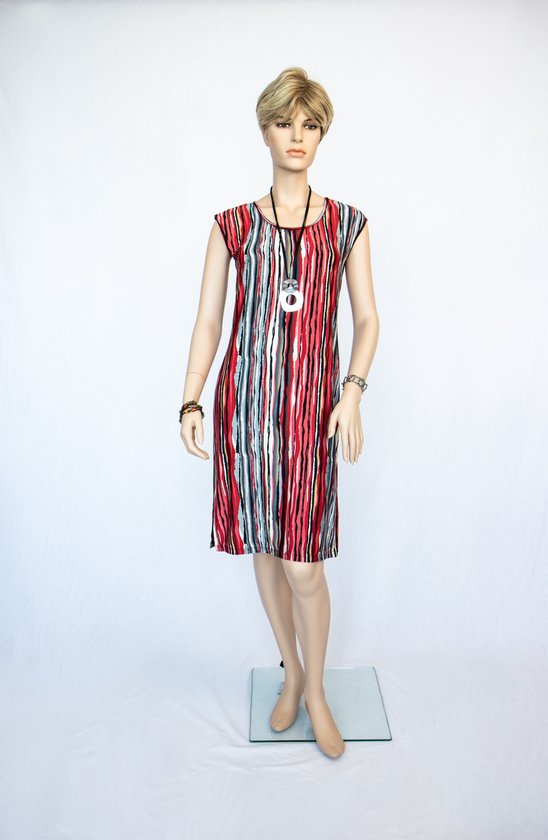Rood gestreepte elegante jurk met zijsplitten - XL/42