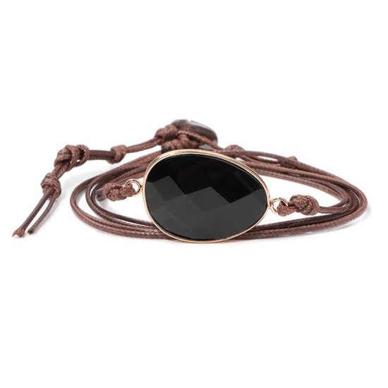 Marama - bracelet wrap pierre gemme Agate noire - cordon wax vegan - ajustable - unisexe