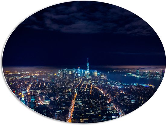 PVC Schuimplaat Ovaal - Uitzicht op Lichtjes over Stad in Amerika - 80x60 cm Foto op Ovaal (Met Ophangsysteem)