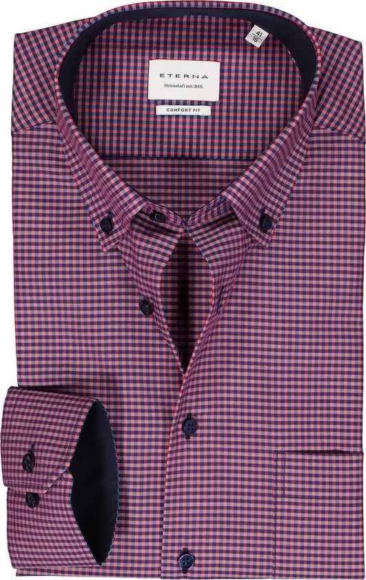 ETERNA comfort fit overhemd - popeline - roze geruit (contrast) - Strijkvrij - Boordmaat: 40