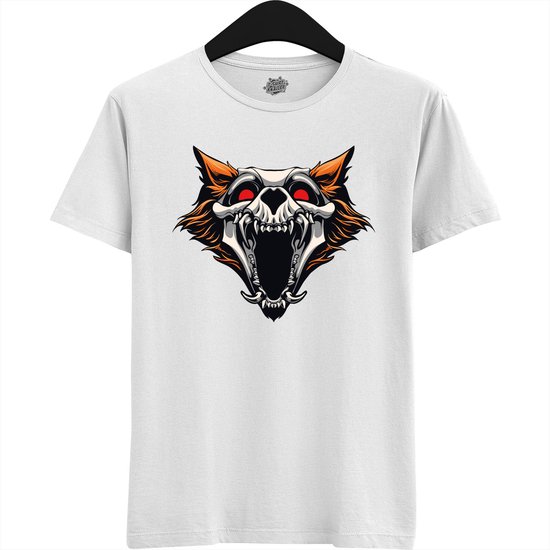 Furry Skull Dog - Halloween Hellhound Wolf Dames / Heren Unisex T-shirt - Grappig Hond Kostuum Shirt Idee Voor Volwassenen - T-Shirt - Unisex - Wit - Maat 4XL