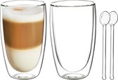 Dubbelwandige glazen, 400 ml, dubbelwandig, latte macchiato-glazen, dubbelwandig, cappuccino kopjes met glazen lepel, thermoglas, geïsoleerd, dubbelwandig voor koude en warme dranken