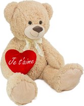 BRUBAKER - XXL Teddybeer 100 cm met een Hartje - Je t'aime - Zacht Speelgoed Knuffel - Beige - Moederdag cadeautje