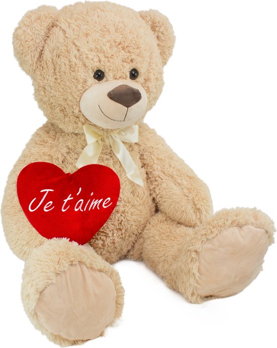 Ours en peluche géant XXL de 100 cm avec un cœur "Je t'aime" - Peluche douce  - Beige | bol