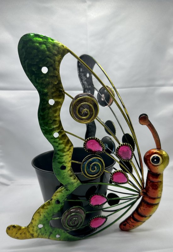 Metalen vlinder deco (planten) houder - Vlinder - meerkleurig - Hoogte 27 x 19 x dia 12 cm - Exclusief plant - Woonaccessoires - Woondecoratie - Tuinaccessoires - Tuindecoratie