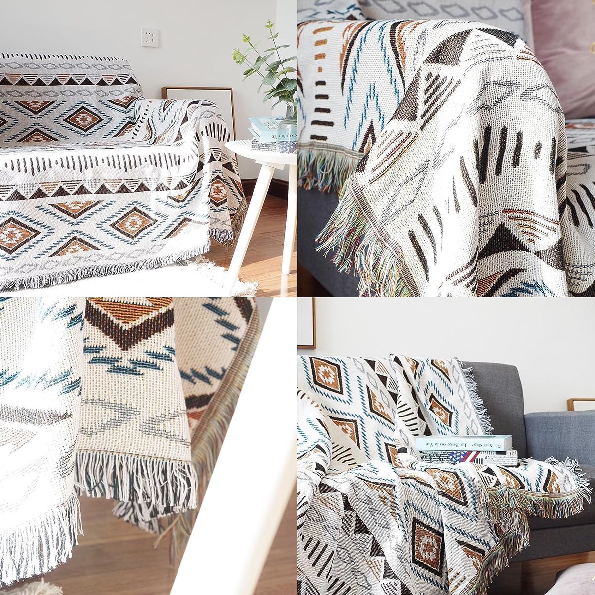 Boho Deken, bankdeken met kwast, bankovertrek, gebreide knuffeldeken, bedworp, Azteekse etnische stijl, deken, voor thuis, kantoor, reizen, tenten (geometrisch patroon, 90 x 90 cm)