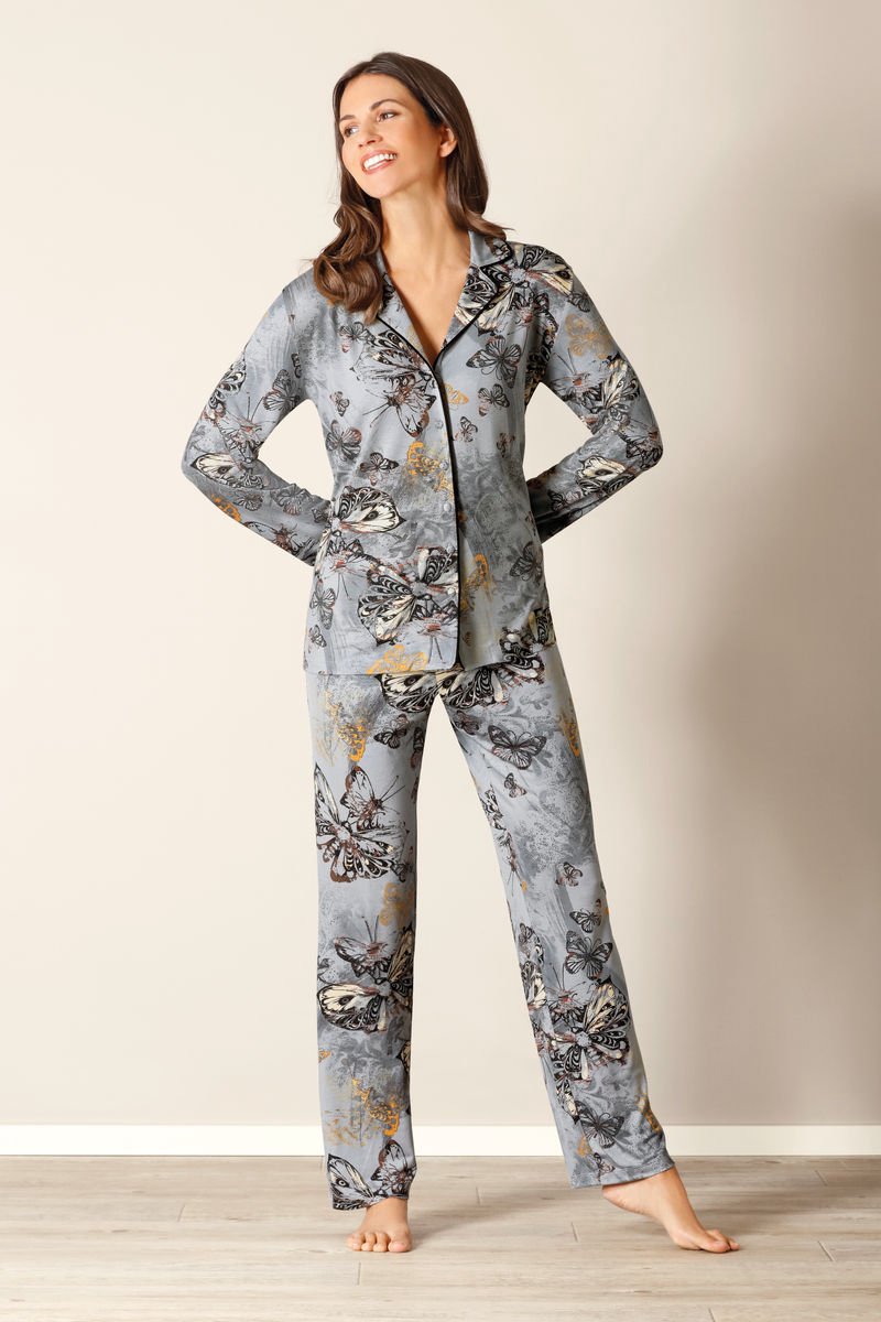 Hajo dames doorknoop pyjama vlinders - Grijs - Maat - 48/50