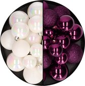 Kerstballen 60x stuks - mix parelmoer wit/paars - 4-5-6 cm - kunststof - kerstversiering