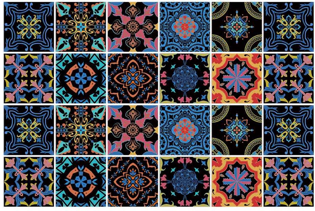 Set 24 Tegelstickers met Vintage Design - 15x15CM - Zelfklevende Tegels voor badkamer, keuken, meubels - Plaktegels Zwart, blauw en roze