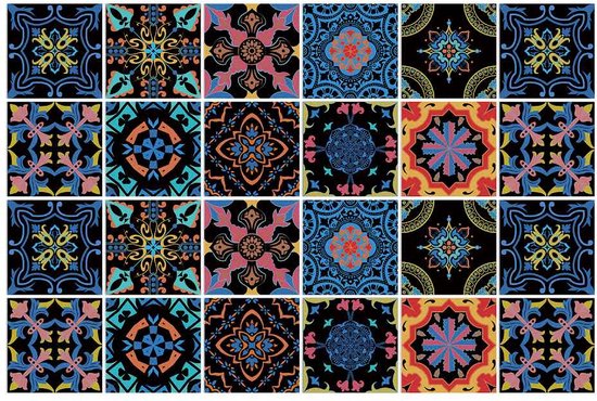 Set de 24 Stickers Carrelage au Design Vintage - 15x15CM - carrelages Adhésif pour salle de bain, cuisine, meuble - Carrelage adhésif Zwart, bleu et rose