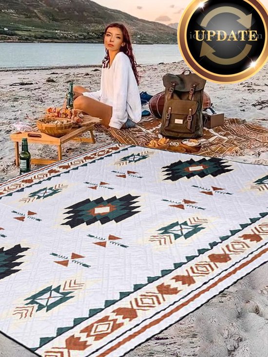 ZYLARO picknickdeken, 200x200cm, Dubbelzijdig waterdicht, Geschikt voor wasmachine, draagbare stranddeken zandvrij, voor camping, park, tuin, strand, picknick, wandelen, barbecue, new Santorini-patroon