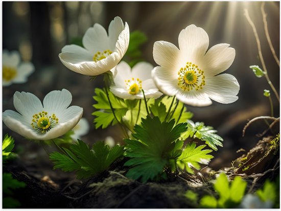 Poster Glanzend – Anemoon Bloemen in Bos met Zonnestralen - 80x60 cm Foto op Posterpapier met Glanzende Afwerking