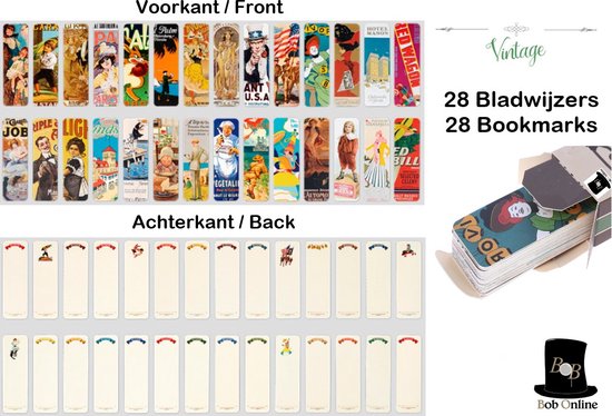 Foto: Bob online 28 stuks mini vintage boekenleggers 28 verschillende ontwerpen l 11 5 cm x b 3 5 cm karton papier 28 pieces mini vintage bookmarks 28 different designs