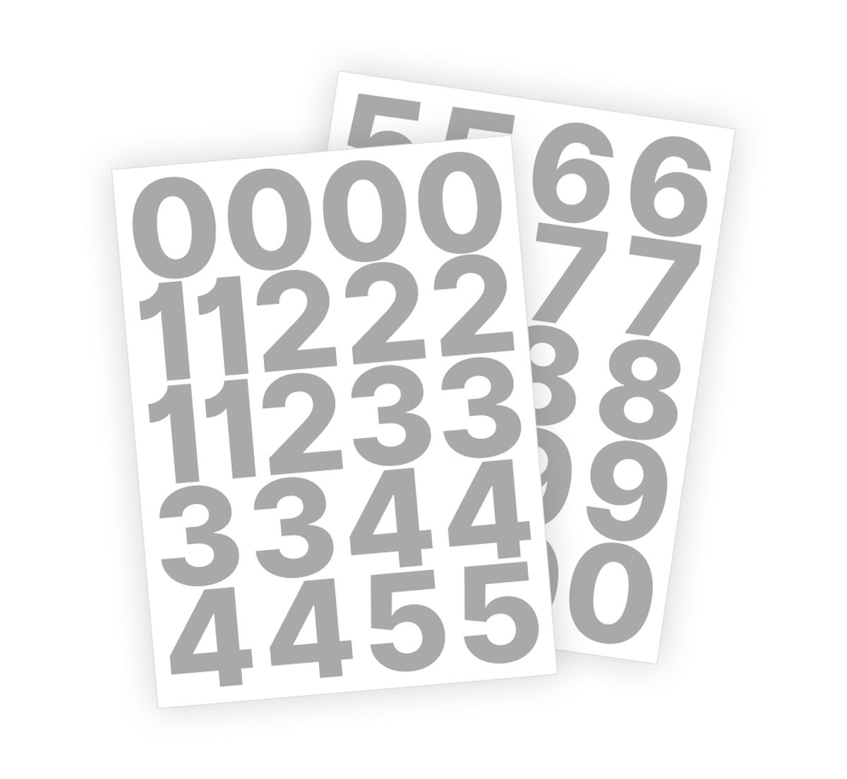 Cijfer stickers / Plaknummers - Stickervellen Set - Metallic Zilver - 5cm hoog - Geschikt voor binnen en buiten - Standaard lettertype - Glans