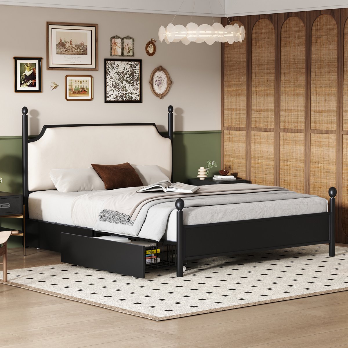 Retro-stijl metalen bed-bedframe met lattenbodem- tweepersoonsbed met hoofdeinde- logeerbed- jeugdbed voor slaapkamer/gastenkamer/met twee laden- 140x200 cm- zwart