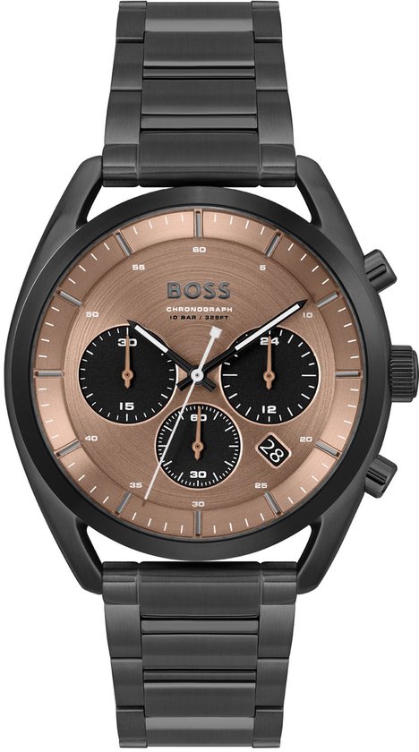 BOSS HB1514095 TOP Heren Horloge - Mineraalglas - Staal - Zwart - 44 mm breed - Quartz - Vouw/Vlindersluiting - 10 ATM (zwemmen)