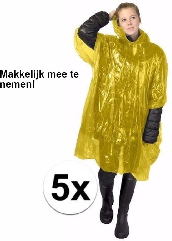 *** 5x Wegwerp Regenponcho Geel - Poncho - Festival - Regen - van Heble® ***