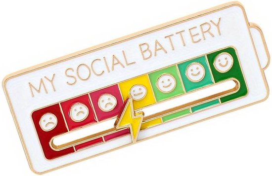 Social Battery Pin Wit - Sociale Batterij broche - Grappige badge - Mood Tracker - Speldje voor rugzak of kleding - Cadeau onder de 10 euro - Kleine cadeautjes