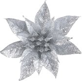 Cosy & Trendy Kerstboomversiering op clip zilveren glitter bloem 15 cm - kerstboom decoratie - zilveren kerstversieringen
