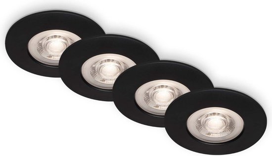 Set van 4 zwarte, dimbare LED inbouwspots op een witte achtergrond.
