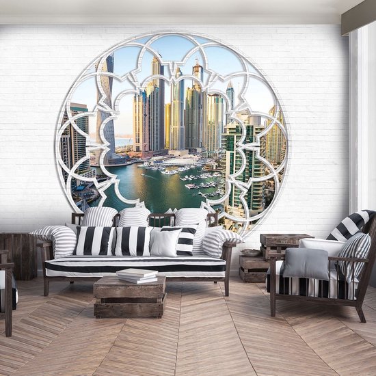 Fotobehang - Vlies Behang - Dubai Stad door Rond Raam 3D - 416 x 254 cm ...