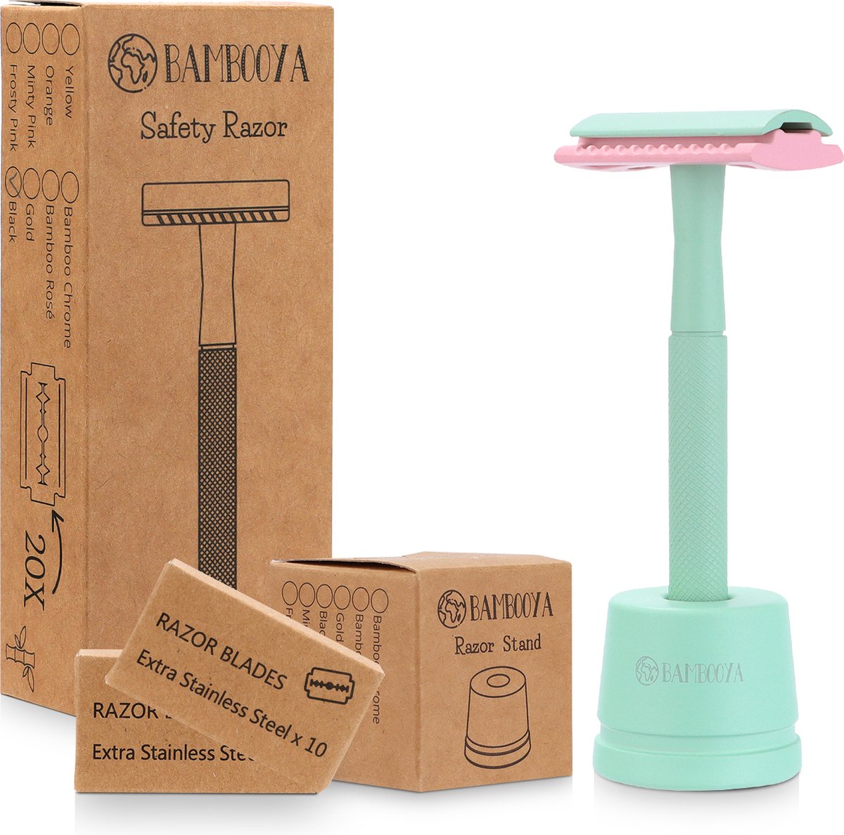 Bambooya - Safety Razor + Houder + 20 Scheermesjes Bamboe Milieuvriendelijk Set - Minty Pink